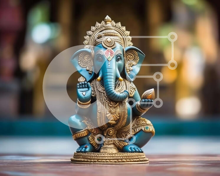 Intra Συλλεκτικό Ξύλινο Παζλ Plywood  4mm - Μπλε και χρυσό άγαλμα ελέφαντα που αντιπροσωπεύει τον Λόρδο Γκανέσα Σε Ξύλινο Κουτί - Διαστάσεις Puzzle: 10x10 cm – 25 κομμάτια