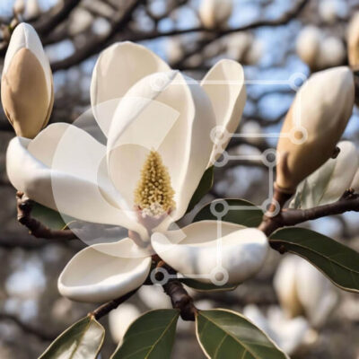 Intra Συλλεκτικό Ξύλινο Παζλ Plywood  4mm - Λευκό λουλούδι Magnolia σε πλήρη άνθιση σε κλαδί βελανιδιάς Σε Ξύλινο Κουτί - Διαστάσεις: 10x10 cm – 25 κομμάτια - Image 1