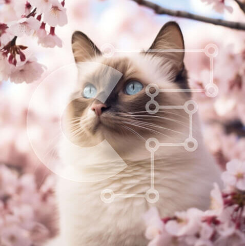 Intra Συλλεκτικό Ξύλινο Παζλ Plywood  4mm - Σιαμέζικη γάτα στον κήπο των ανθισμένων κερασιών Σε Ξύλινο Κουτί - Διαστάσεις: 10x10 cm – 25 κομμάτια - Image 1