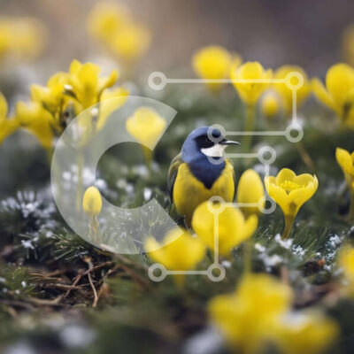 Intra Συλλεκτικό Ξύλινο Παζλ Plywood  4mm - Μπλε και άσπρο πουλί ανάμεσα στους κίτρινους νάρκισσους Σε Ξύλινο Κουτί - Διαστάσεις: 10x10 cm – 25 κομμάτια - Image 1