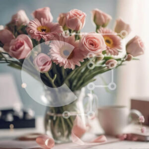 Intra Συλλεκτικό Ξύλινο Παζλ Plywood  4mm - Ροζ λουλούδια σε διάφανο βάζο σε φλιτζάνι καφέ με χαρτικά Σε Ξύλινο Κουτί - Διαστάσεις: 10x10 cm – 25 κομμάτια