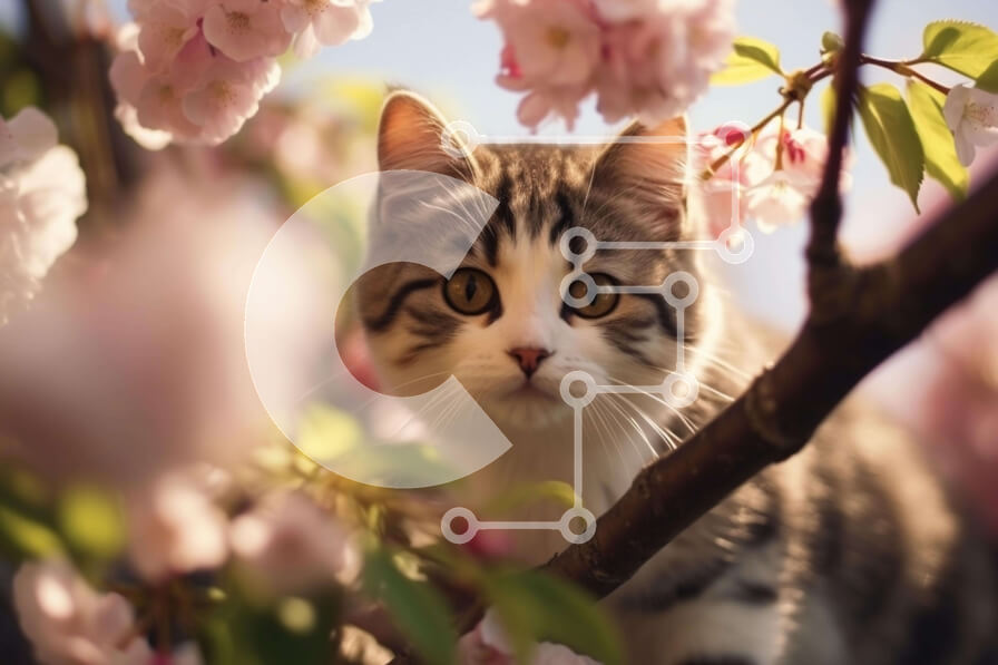 Intra Συλλεκτικό Ξύλινο Παζλ Plywood  4mm - Περίεργη γάτα σε κλαδί δέντρου με ροζ άνθη Σε Ξύλινο Κουτί - Διαστάσεις: 10x10 cm – 25 κομμάτια