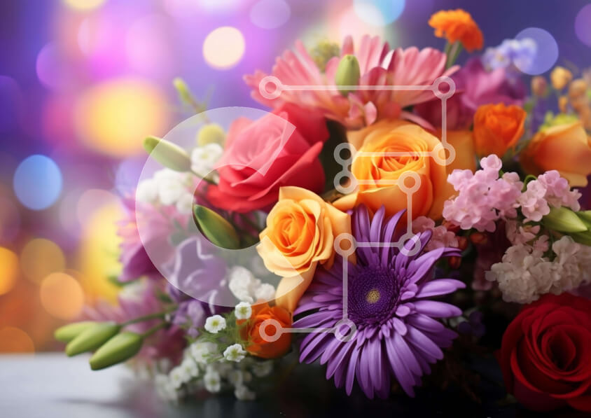 Intra Συλλεκτικό Ξύλινο Παζλ Plywood  4mm - Πολύχρωμο μπουκέτο λουλουδιών με φρέσκα φύλλα και φώτα Bokeh Σε Ξύλινο Κουτί - Διαστάσεις: 10x10 cm – 25 κομμάτια