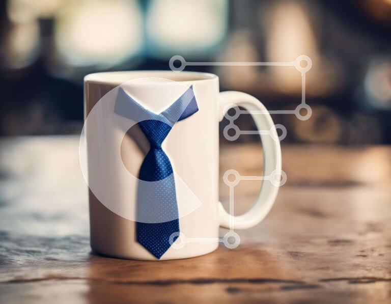 Intra Συλλεκτικό Ξύλινο Παζλ Plywood  4mm - Λευκή κούπα καφέ με μπλε γραβάτα στο τραπέζι Σε Ξύλινο Κουτί - Διαστάσεις: 10x10 cm – 25 κομμάτια