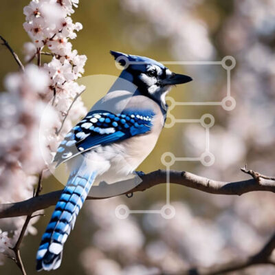 Intra Συλλεκτικό Ξύλινο Παζλ Plywood  4mm - Μπλε και άσπρο πουλί σε κλαδί βελανιδιάς με ανθισμένες κερασιές Σε Ξύλινο Κουτί - Διαστάσεις: 10x10 cm – 25 κομμάτια - Image 1