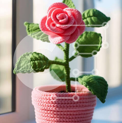 Intra Συλλεκτικό Ξύλινο Παζλ Plywood 4mm - Ροζ κροσέ γλάστρα σε άδειο περβάζι παραθύρου Σε Ξύλινο Κουτί - Διαστάσεις: 10x10 cm – 25 κομμάτια - Image 1