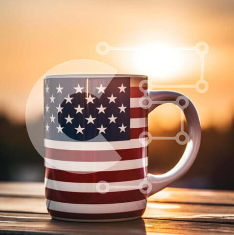 Intra Συλλεκτικό Ξύλινο Παζλ Plywood  4mm - Κούπα αμερικανικής σημαίας σε ξύλινο τραπέζι Σε Ξύλινο Κουτί - Διαστάσεις Puzzle: 10x10 cm – 25 κομμάτια - Image 1