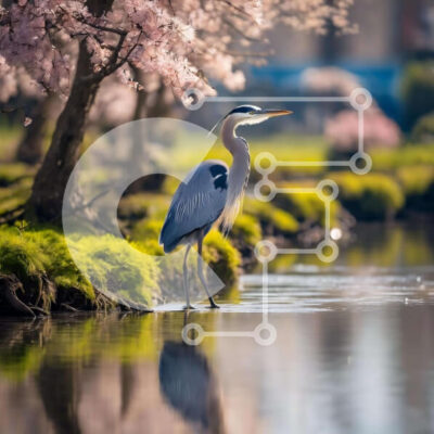 Intra Συλλεκτικό Ξύλινο Παζλ Plywood  4mm - Μπλε ερωδιός κοντά σε ροζ ανθισμένα δέντρα δίπλα στον ποταμό Σε Ξύλινο Κουτί - Διαστάσεις: 10x10 cm – 25 κομμάτια - Image 1