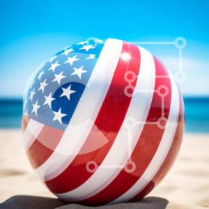 Intra Συλλεκτικό Ξύλινο Παζλ Plywood  4mm - Κόκκινη, λευκή και μπλε μπάλα παραλίας κοντά στον ωκεανό Σε Ξύλινο Κουτί - Διαστάσεις Puzzle: 10x10 cm – 25 κομμάτια