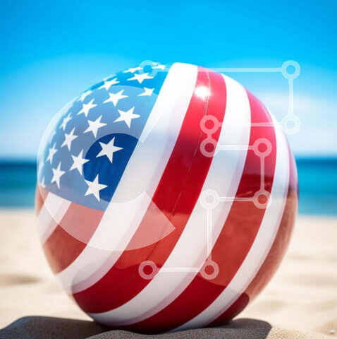 Intra Συλλεκτικό Ξύλινο Παζλ Plywood  4mm - Κόκκινη, λευκή και μπλε μπάλα παραλίας κοντά στον ωκεανό Σε Ξύλινο Κουτί - Διαστάσεις Puzzle: 10x10 cm – 25 κομμάτια - Image 1