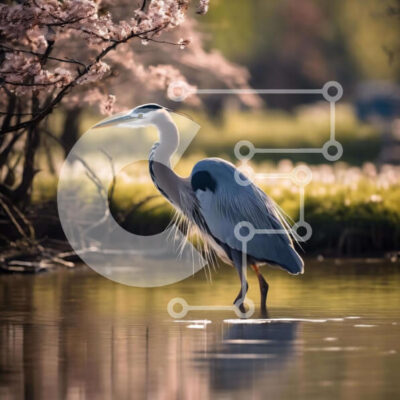 Intra Συλλεκτικό Ξύλινο Παζλ Plywood  4mm - Γκρίζος ερωδιός κοντά σε ανθισμένες κερασιές και νερό Σε Ξύλινο Κουτί - Διαστάσεις: 10x10 cm – 25 κομμάτια - Image 1