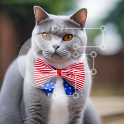 Intra Συλλεκτικό Ξύλινο Παζλ Plywood  4mm - Γκρι γάτα με παπιγιόν με αμερικανική σημαία Σε Ξύλινο Κουτί - Διαστάσεις: 10x10 cm – 25 κομμάτια - Image 1