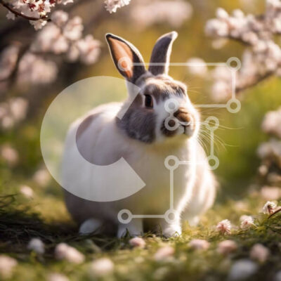 Intra Συλλεκτικό Ξύλινο Παζλ Plywood  4mm - Λευκό και γκρίζο κουνέλι κοντά σε ανθισμένες κερασιές Σε Ξύλινο Κουτί - Διαστάσεις: 10x10 cm – 25 κομμάτια - Image 1