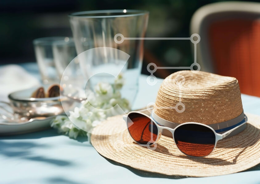 Intra Συλλεκτικό Ξύλινο Παζλ Plywood  4mm - Κομψό ψάθινο καπέλο, γυαλιά ηλίου και άδειο ποτήρι στο τραπέζι Σε Ξύλινο Κουτί - Διαστάσεις Puzzle: 10x10 cm – 25 κομμάτια