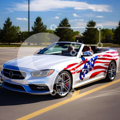 Intra Συλλεκτικό Ξύλινο Παζλ Plywood  4mm - Λευκό Mercedes-Benz S-Class Cabriolet με αμερικανική σημαία Σε Ξύλινο Κουτί - Διαστάσεις Puzzle: 10x10 cm – 25 κομμάτια - Image 1