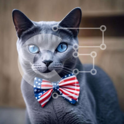 Intra Συλλεκτικό Ξύλινο Παζλ Plywood  4mm - Happy Grey Cat με παπιγιόν με θέμα την αμερικανική σημαία Σε Ξύλινο Κουτί - Διαστάσεις: 10x10 cm – 25 κομμάτια - Image 1