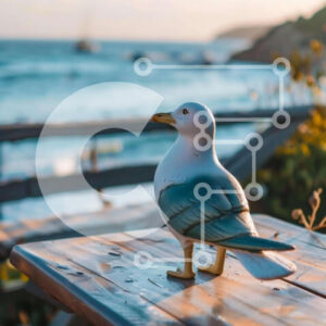 Intra Συλλεκτικό Ξύλινο Παζλ Plywood  4mm - Άγαλμα γλάρου στο ξύλινο τραπέζι κοντά στον ωκεανό με τα σημάδια Σε Ξύλινο Κουτί - Διαστάσεις: 10x10 cm – 25 κομμάτια