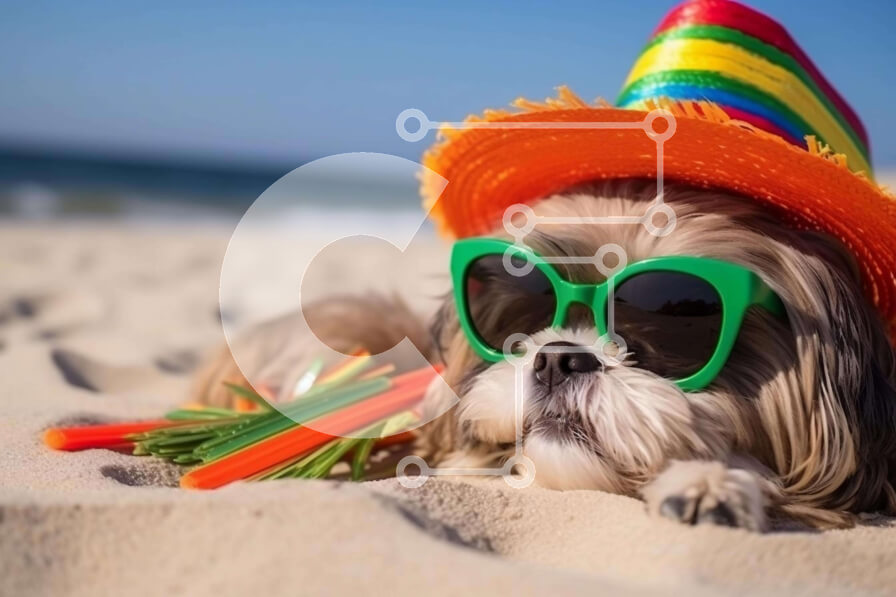 Intra Συλλεκτικό Ξύλινο Παζλ Plywood  4mm - Πολύχρωμα γυαλιά ηλίου και πορτοκαλί καπέλο σε έναν σκύλο στην παραλία Σε Ξύλινο Κουτί - Διαστάσεις Puzzle: 10x10 cm – 25 κομμάτια