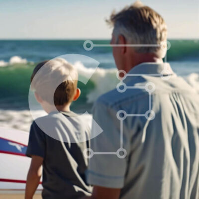 Intra Συλλεκτικό Ξύλινο Παζλ Plywood  4mm - Σκηνή σερφ στην παραλία με τον ηλικιωμένο και το νεαρό αγόρι Σε Ξύλινο Κουτί - Διαστάσεις Puzzle: 10x10 cm – 25 κομμάτια - Image 1