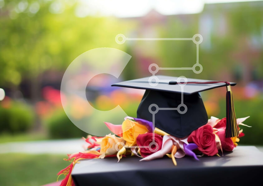 Intra Συλλεκτικό Ξύλινο Παζλ Plywood  4mm - Μαύρο καπέλο αποφοίτησης με λουλούδια Σε Ξύλινο Κουτί - Διαστάσεις Puzzle: 10x10 cm – 25 κομμάτια