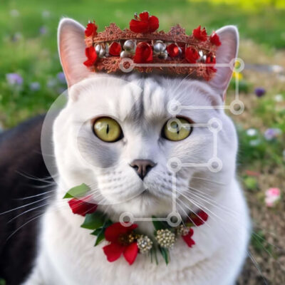 Intra Συλλεκτικό Ξύλινο Παζλ Plywood 4mm - Λευκή γάτα με διακοσμητικό στέμμα και διακοσμήσεις σε γρασίδι Σε Ξύλινο Κουτί - Διαστάσεις: 10x10 cm – 25 κομμάτια - Image 1