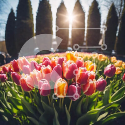 Intra Συλλεκτικό Ξύλινο Παζλ Plywood  4mm - Ζωντανό χωράφι με τουλίπες με ψηλά δέντρα και φως του ήλιου Σε Ξύλινο Κουτί - Διαστάσεις: 10x10 cm – 25 κομμάτια - Image 1