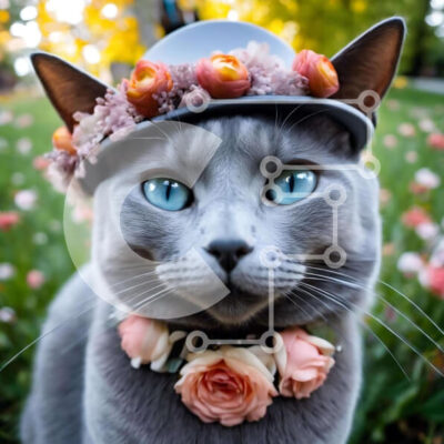 Intra Συλλεκτικό Ξύλινο Παζλ Plywood  4mm - Γκρίζα γάτα που φορά καπέλο λουλουδιών Σε Ξύλινο Κουτί - Διαστάσεις: 10x10 cm – 25 κομμάτια - Image 1