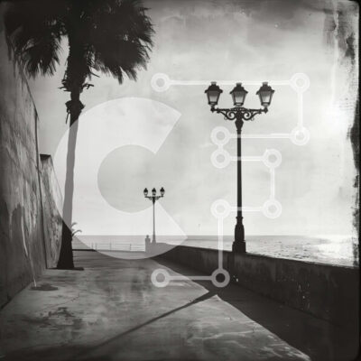 Intra Συλλεκτικό Ξύλινο Παζλ Plywood  4mm - Ασπρόμαυρη φωτογραφία με φανοστάτες κοντά στον ωκεανό Σε Ξύλινο Κουτί - Διαστάσεις: 10x10 cm – 25 κομμάτια - Image 1