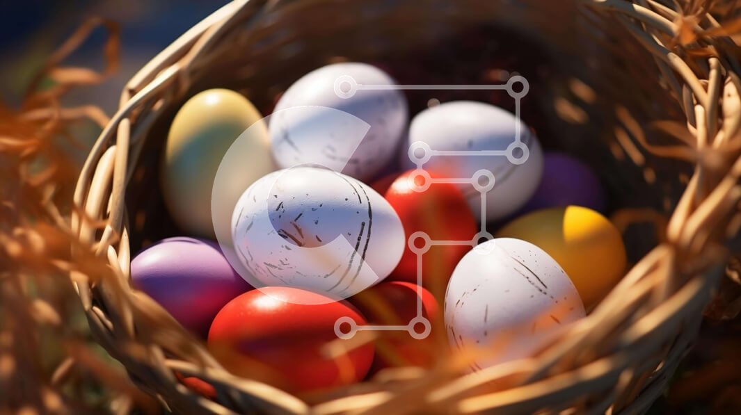 Intra Συλλεκτικό Ξύλινο Παζλ Plywood  4mm - Πολύχρωμα Πασχαλινά αυγά στο ψάθινο καλάθι στα φύλλα Σε Ξύλινο Κουτί - Διαστάσεις: 10x10 cm – 25 κομμάτια