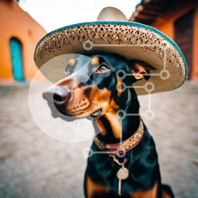 Intra Συλλεκτικό Ξύλινο Παζλ Plywood  4mm - Σκύλος Ντόμπερμαν στο Μεξικάνικο Σόμπρερο Σε Ξύλινο Κουτί - Διαστάσεις: 10x10 cm – 25 κομμάτια - Image 1