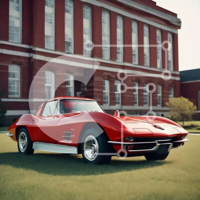 Intra Συλλεκτικό Ξύλινο Παζλ Plywood 4mm - Κόκκινο σπορ αυτοκίνητο παρκαρισμένο μπροστά από το εντυπωσιακό κτήριο από τούβλα Σε Ξύλινο Κουτί - Διαστάσεις Puzzle: 10x10 cm – 25 κομμάτια - Image 1