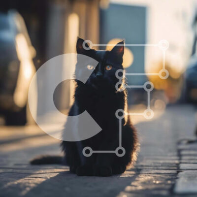 Intra Συλλεκτικό Ξύλινο Παζλ Plywood  4mm - Περίεργη μαύρη γάτα που κάθεται στο πεζοδρόμιο Σε Ξύλινο Κουτί - Διαστάσεις: 10x10 cm – 25 κομμάτια - Image 1