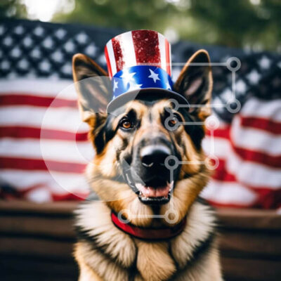 Intra Συλλεκτικό Ξύλινο Παζλ Plywood 4mm - Γερμανικός ποιμενικός σκύλος με καπέλο με θέμα την αμερικανική σημαία Σε Ξύλινο Κουτί - Διαστάσεις: 10x10 cm – 25 κομμάτια - Image 1