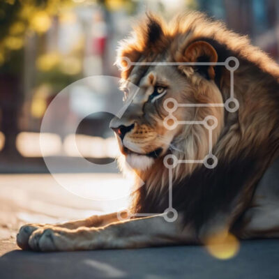 Intra Συλλεκτικό Ξύλινο Παζλ Plywood  4mm - Λιοντάρι που στηρίζεται στο δρόμο μπροστά από τα κτίρια Σε Ξύλινο Κουτί - Διαστάσεις: 10x10 cm – 25 κομμάτια - Image 1