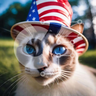 Intra Συλλεκτικό Ξύλινο Παζλ Plywood  4mm - Σιαμέζικη γάτα με καπέλο αμερικανικής σημαίας Σε Ξύλινο Κουτί - Διαστάσεις: 10x10 cm – 25 κομμάτια - Image 1