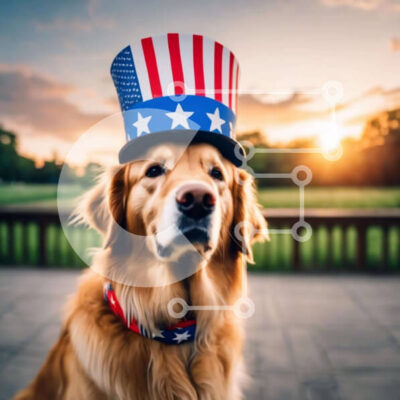 Intra Συλλεκτικό Ξύλινο Παζλ Plywood  4mm - Σκύλος Γκόλντεν Ριτρίβερ με καπέλο αμερικανικής σημαίας Σε Ξύλινο Κουτί - Διαστάσεις: 10x10 cm – 25 κομμάτια - Image 1