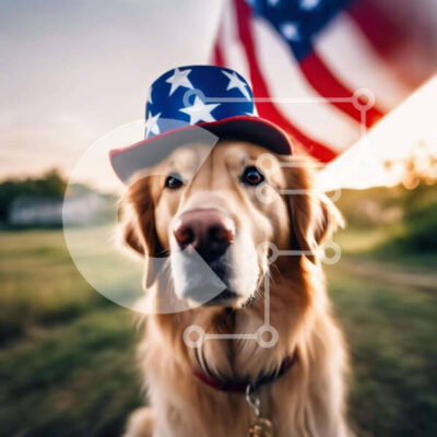 Intra Συλλεκτικό Ξύλινο Παζλ Plywood  4mm - Σκύλος Γκόλντεν Ριτρίβερ με καπέλο αμερικανικής σημαίας Σε Ξύλινο Κουτί - Διαστάσεις: 10x10 cm – 25 κομμάτια - Image 1