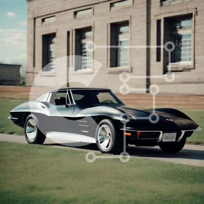 Intra Συλλεκτικό Ξύλινο Παζλ Plywood  4mm - Μαύρο σπορ αυτοκίνητο Corvette παρκαρισμένο μπροστά σε εντυπωσιακό κτίριο Σε Ξύλινο Κουτί - Διαστάσεις Puzzle: 10x10 cm – 25 κομμάτια - Image 1