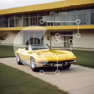 Intra Συλλεκτικό Ξύλινο Παζλ Plywood  4mm - Vintage κίτρινο κάμπριο αυτοκίνητο μπροστά από το σύγχρονο κτήριο Σε Ξύλινο Κουτί - Διαστάσεις Puzzle: 10x10 cm – 25 κομμάτια - Image 1