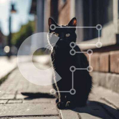 Intra Συλλεκτικό Ξύλινο Παζλ Plywood  4mm - Περίεργη μαύρη γάτα που κάθεται μπροστά από την πολυκατοικία Σε Ξύλινο Κουτί - Διαστάσεις: 10x10 cm – 25 κομμάτια - Image 1