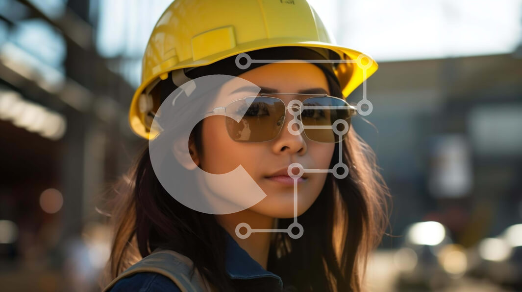 Intra Συλλεκτικό Ξύλινο Παζλ Plywood  4mm - Νεαρή γυναίκα με πορτοκαλί σκληρό καπέλο και γυαλιά ηλίου Σε Ξύλινο Κουτί - Διαστάσεις Puzzle: 10x10 cm – 25 κομμάτια