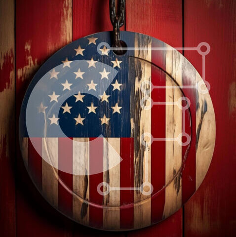 Intra Συλλεκτικό Ξύλινο Παζλ Plywood  4mm - Πιάτο αμερικανικής σημαίας στον κόκκινο ξύλινο τοίχο Σε Ξύλινο Κουτί - Διαστάσεις Puzzle: 10x10 cm – 25 κομμάτια - Image 1