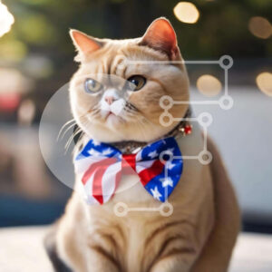 Intra Συλλεκτικό Ξύλινο Παζλ Plywood  4mm - Περίεργη γάτα με παπιγιόν με αμερικανική σημαία Σε Ξύλινο Κουτί - Διαστάσεις: 10x10 cm – 25 κομμάτια