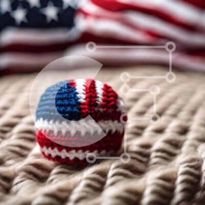 Intra Συλλεκτικό Ξύλινο Παζλ Plywood  4mm - Κόκκινη, λευκή και μπλε κροσέ μπάλα με μοτίβο αμερικανικής σημαίας στο κρεβάτι Σε Ξύλινο Κουτί - Διαστάσεις: 10x10 cm – 25 κομμάτια - Image 1