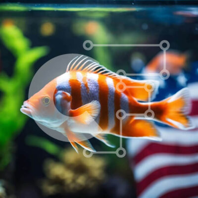 Intra Συλλεκτικό Ξύλινο Παζλ Plywood  4mm - Πολύχρωμα ψάρια που κολυμπούν στο ενυδρείο με αμερικανική σημαία Σε Ξύλινο Κουτί - Διαστάσεις: 10x10 cm – 25 κομμάτια - Image 1