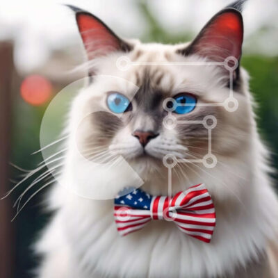 Intra Συλλεκτικό Ξύλινο Παζλ Plywood  4mm - Γάτα που φορά παπιγιόν με αμερικανική σημαία Σε Ξύλινο Κουτί - Διαστάσεις: 10x10 cm – 25 κομμάτια - Image 1