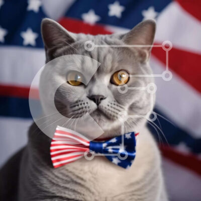 Intra Συλλεκτικό Ξύλινο Παζλ Plywood  4mm - Γκρι γάτα με παπιγιόν με αμερικανική σημαία Σε Ξύλινο Κουτί - Διαστάσεις: 10x10 cm – 25 κομμάτια - Image 1