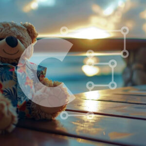 Intra Συλλεκτικό Ξύλινο Παζλ Plywood  4mm - Teddy Bear στο ηλιοβασίλεμα δίπλα στον ωκεανό Σε Ξύλινο Κουτί - Διαστάσεις: 10x10 cm – 25 κομμάτια