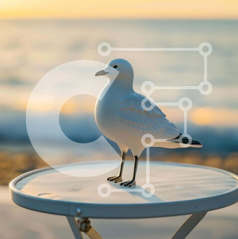 Intra Συλλεκτικό Ξύλινο Παζλ Plywood 4mm - Λευκός Γλάρος σε υπαίθριο τραπέζι κοντά στον ωκεανό Σε Ξύλινο Κουτί - Διαστάσεις: 10x10 cm – 25 κομμάτια - Image 1