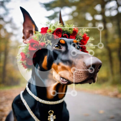 Intra Συλλεκτικό Ξύλινο Παζλ Plywood  4mm - Σκύλος Ντόμπερμαν με στεφάνι λουλουδιών σε εξωτερικούς χώρους Σε Ξύλινο Κουτί - Διαστάσεις: 10x10 cm – 25 κομμάτια - Image 1